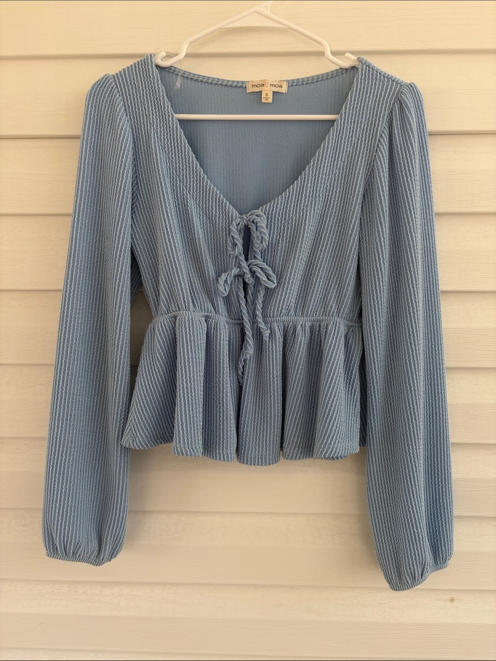 Moa Moa Blue Tie Front Peplum Blouse | Puff Sleeve | Cottagecore